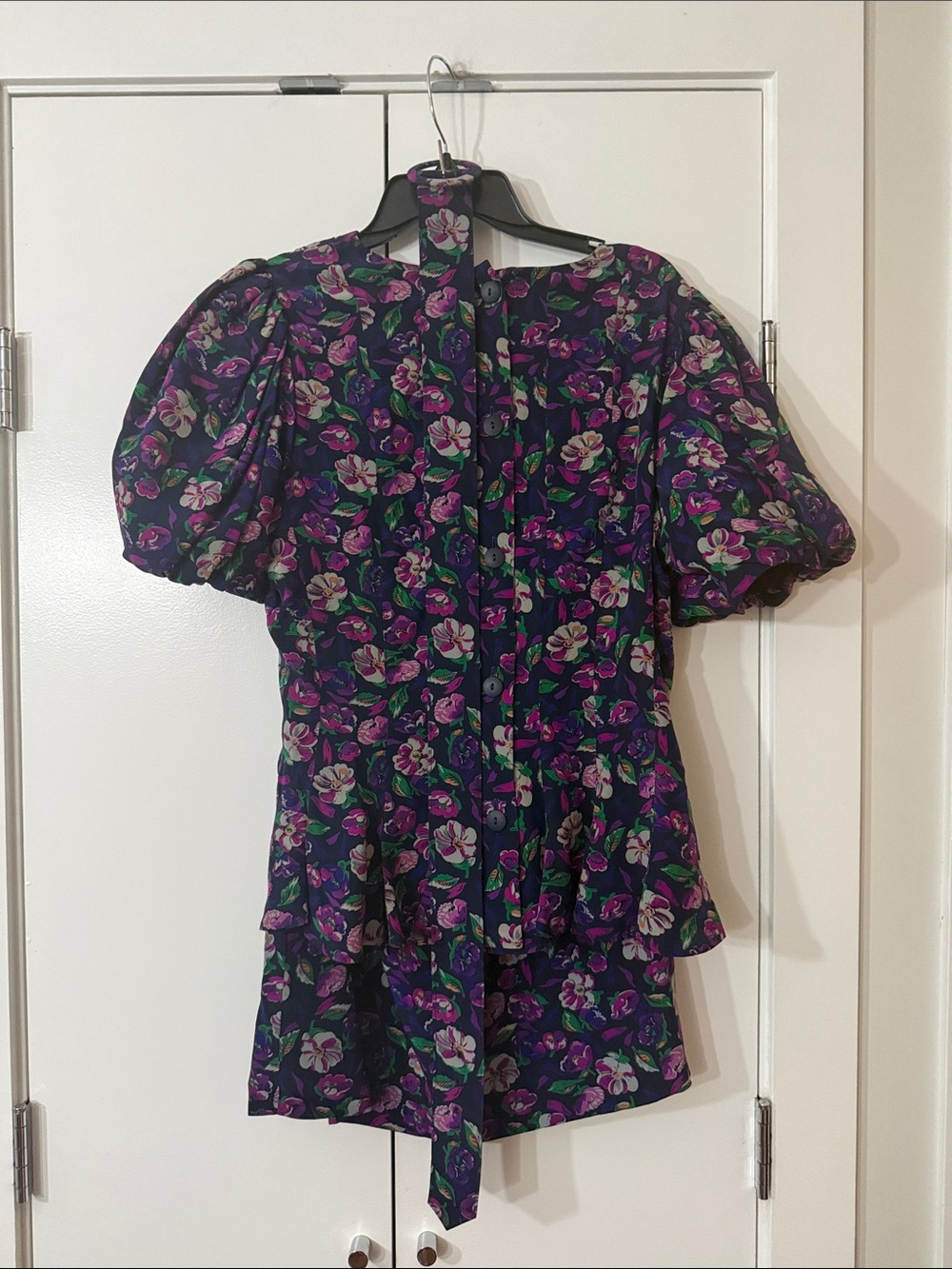 Vintage 100% Silk Floral Puff-Sleeve Peplum Top, Matching Skirt and Belt